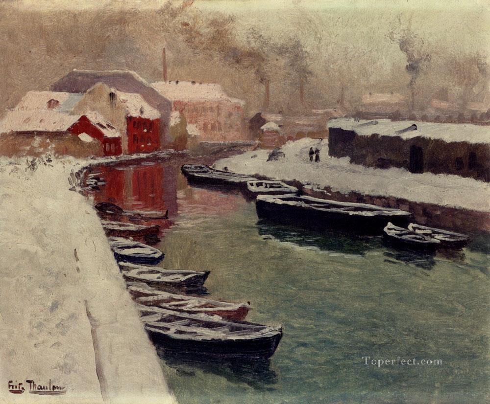 A Snowy Harbo Norwegian Frits Thaulow Oil Paintings